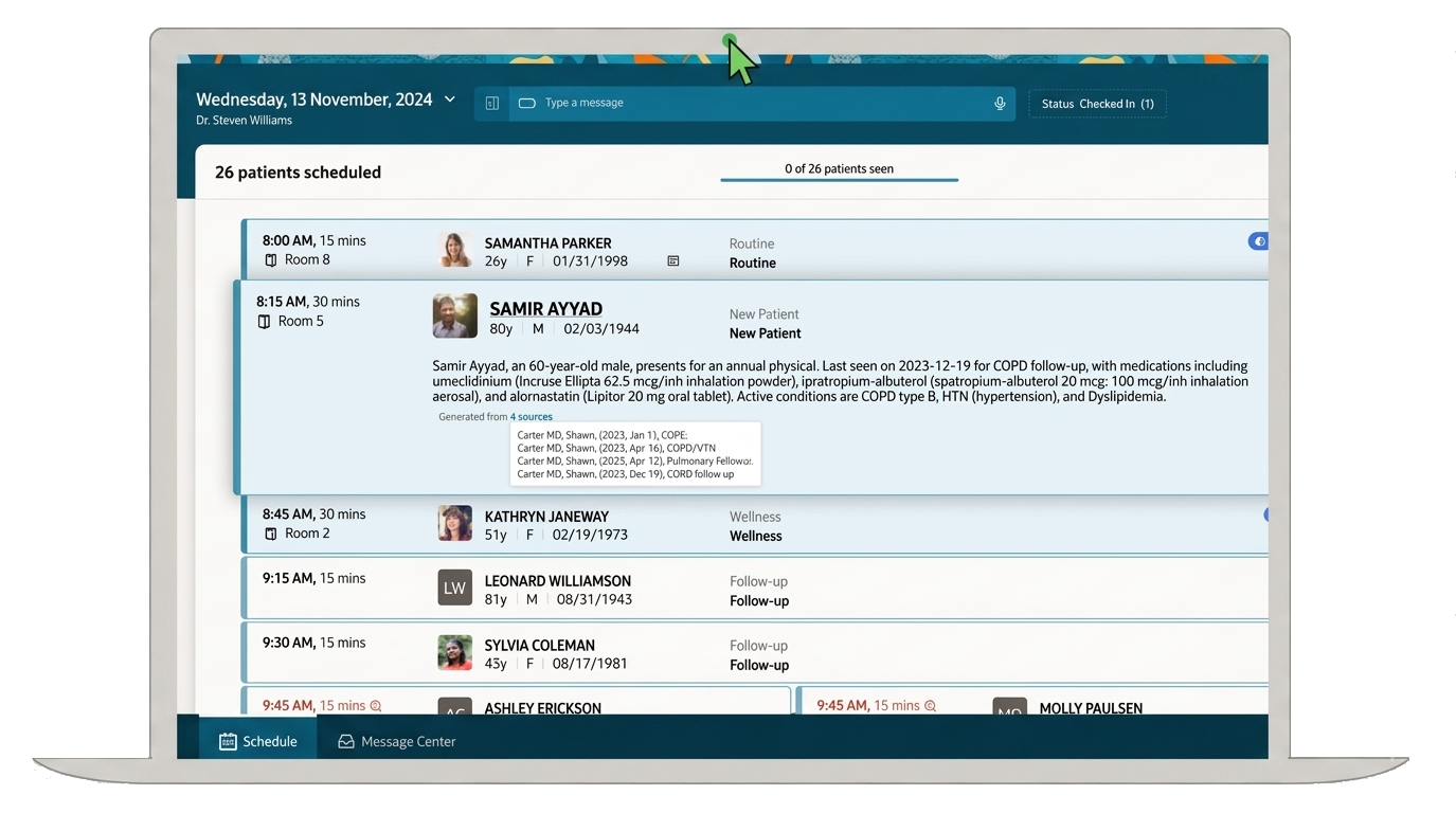Daily schedule with an AI-generated visit summary for an upcoming patient